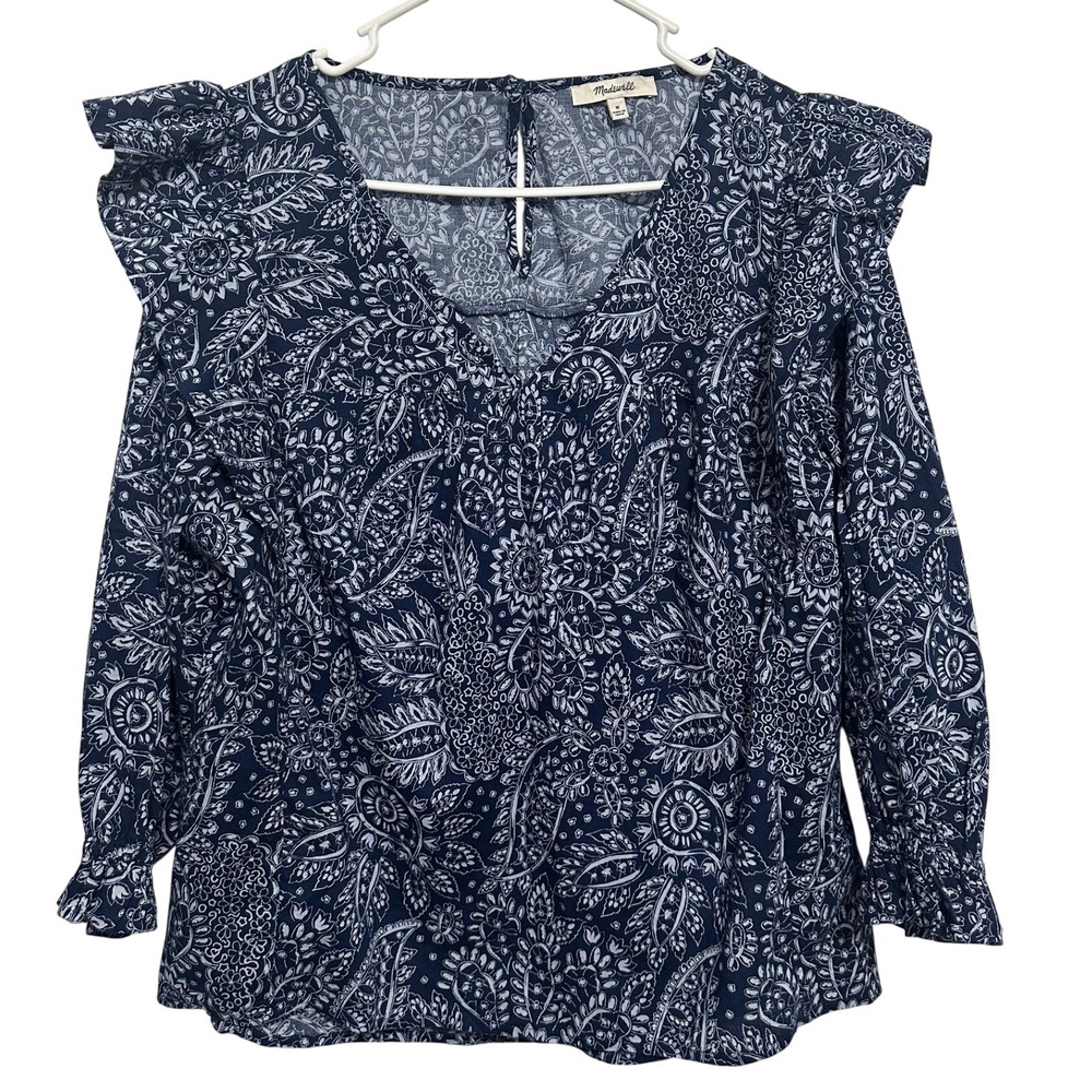 Madewell Blouse Womens Navy Blue Paisley Ruffle Shoulder 100% Cotton  M